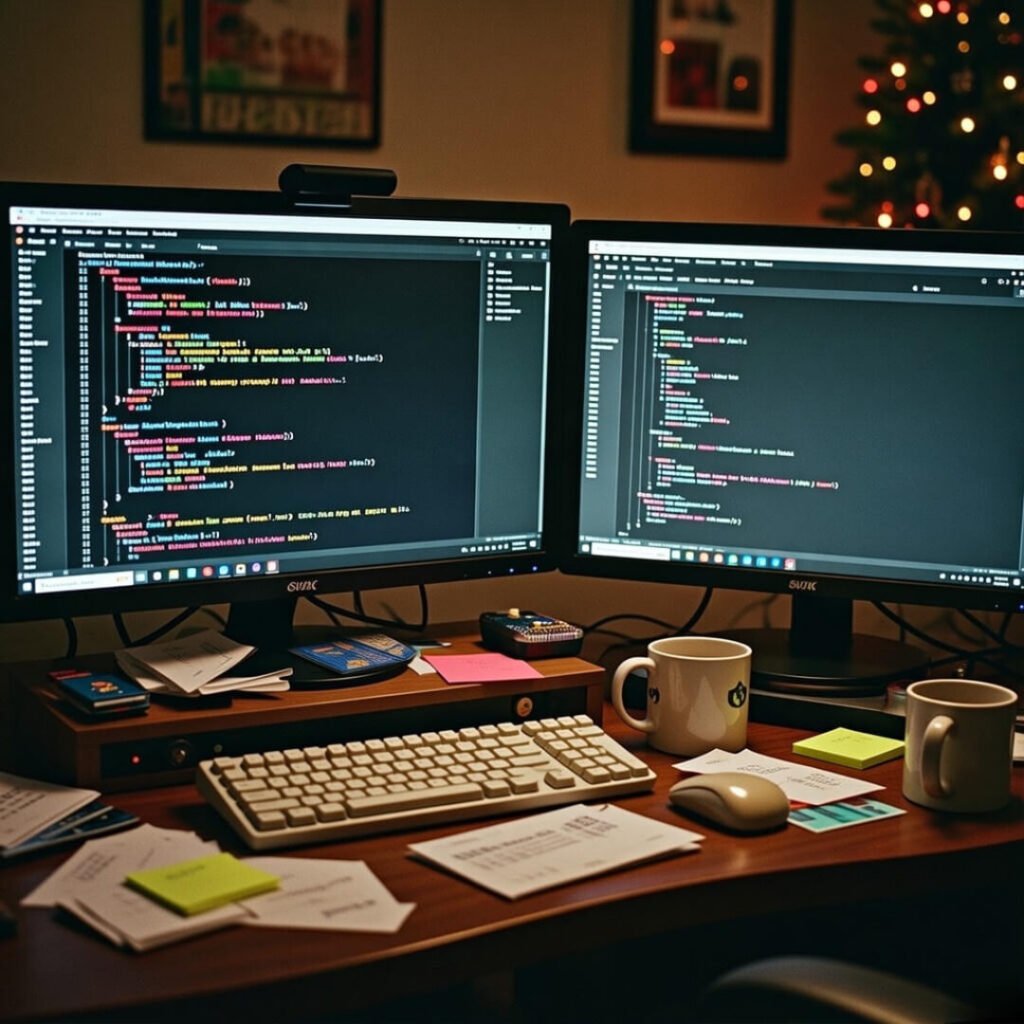 Messy desk with chaotic AI code vs clean IDE.