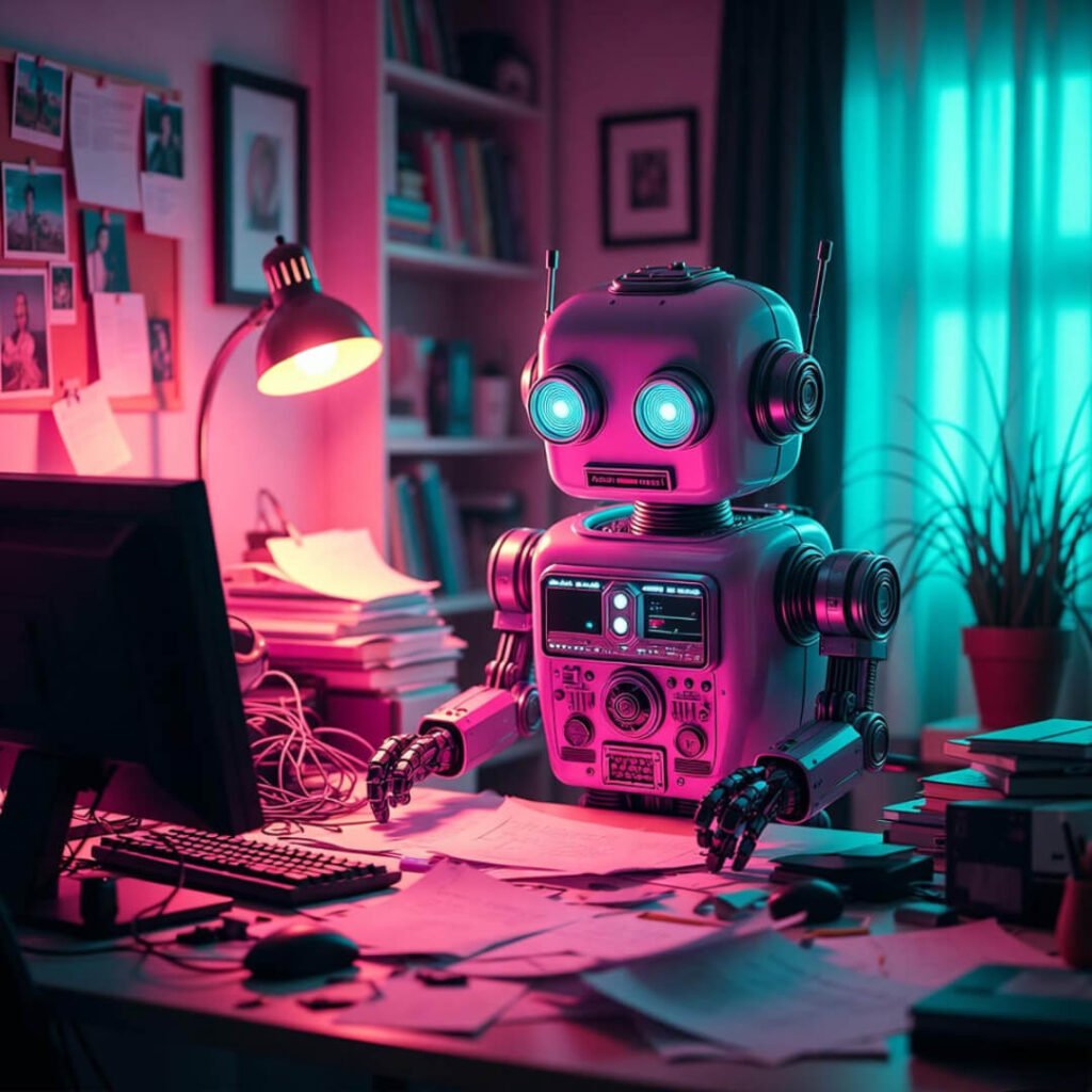 Cute robot typing with holographic brain, snowy window