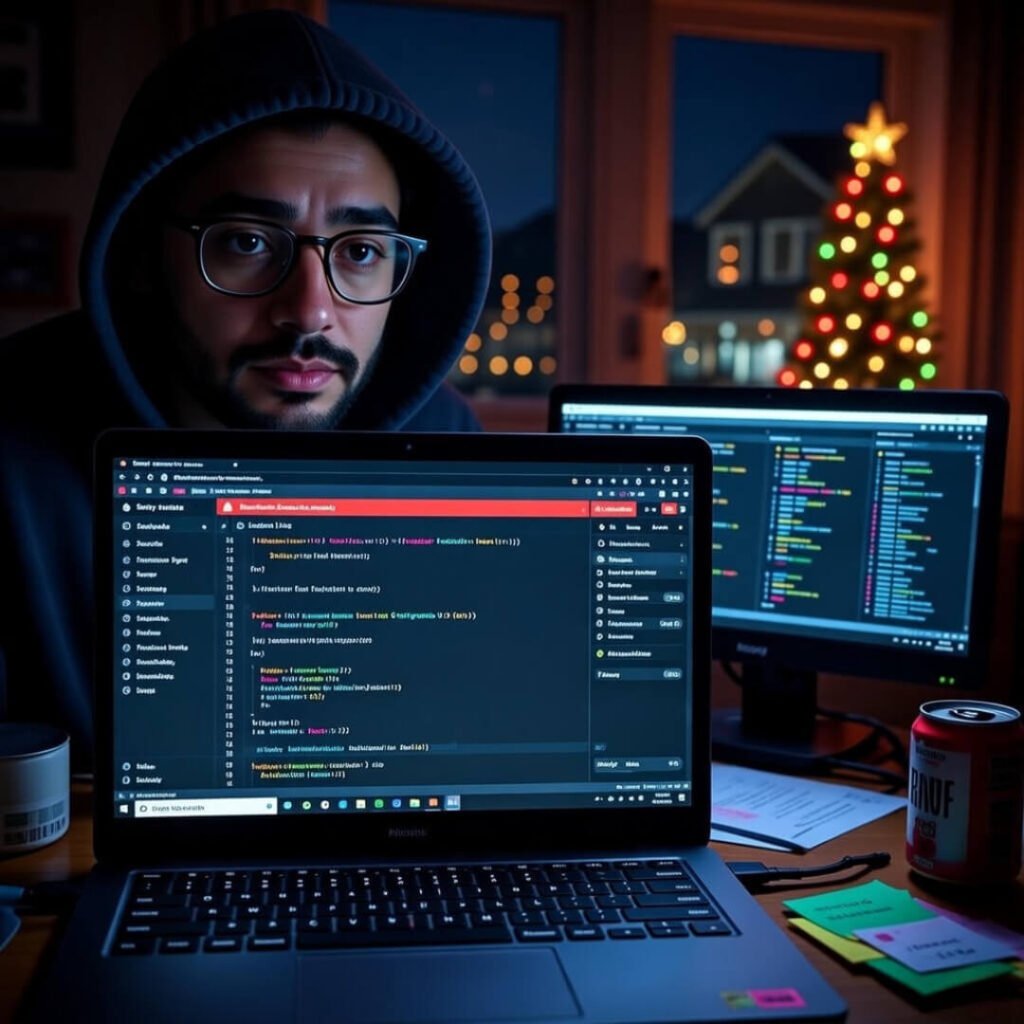 Tired developer selfie with holiday lights and Sentry error screen.