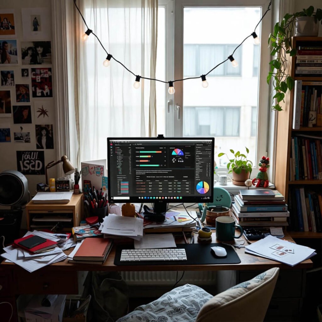 Cluttered post-Christmas desk showing rising social analytics.