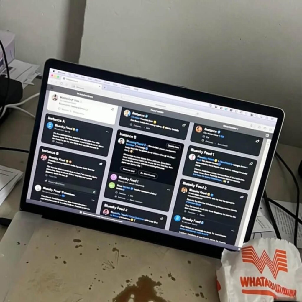 Messy desk with Bluesky tabs and Whataburger wrapper.