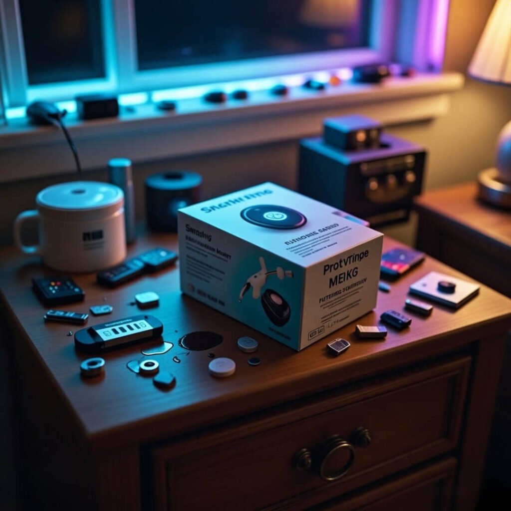 Cluttered nightstand with smart ring box and stains.