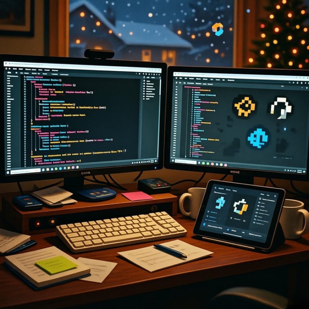 Cozy hybrid workspace at dusk with notebook and tablet.