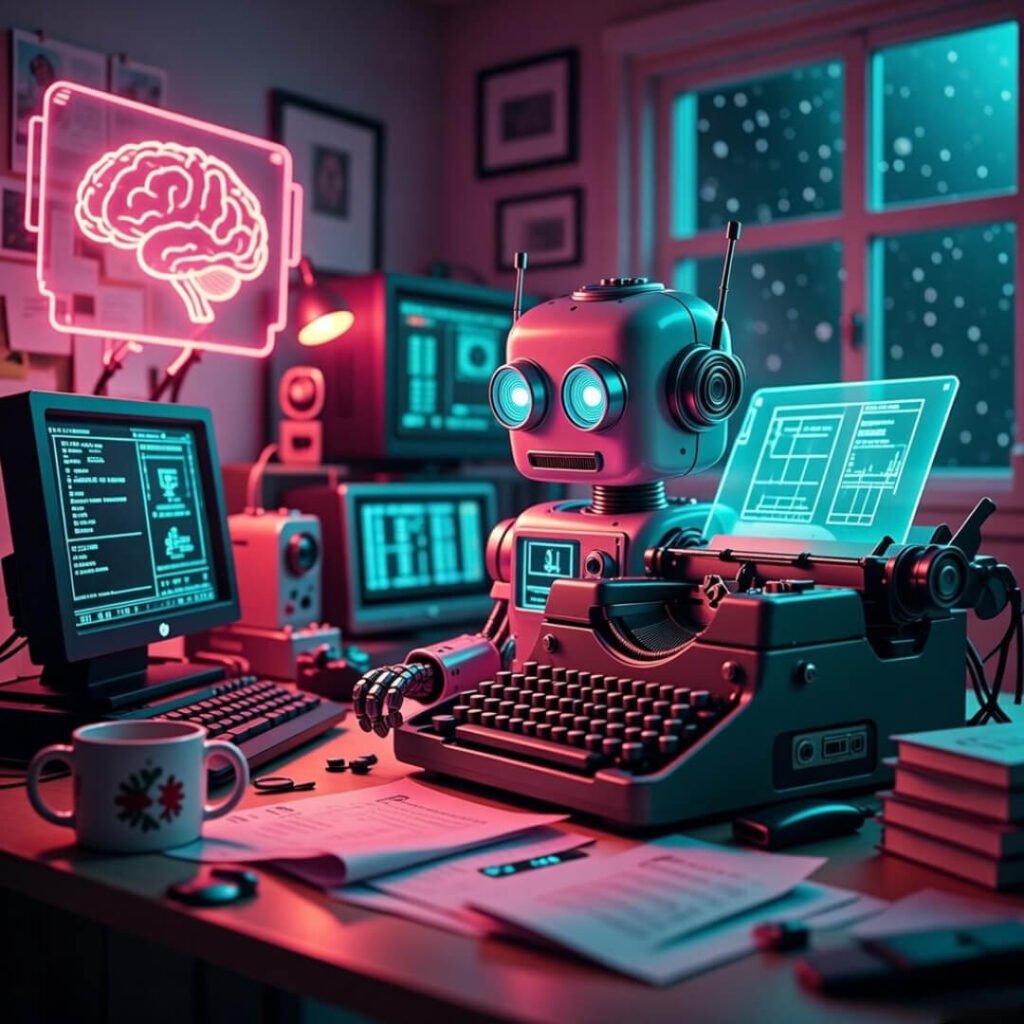 Funny robot on typewriter, glowing brain, Christmas teal-pink vibe