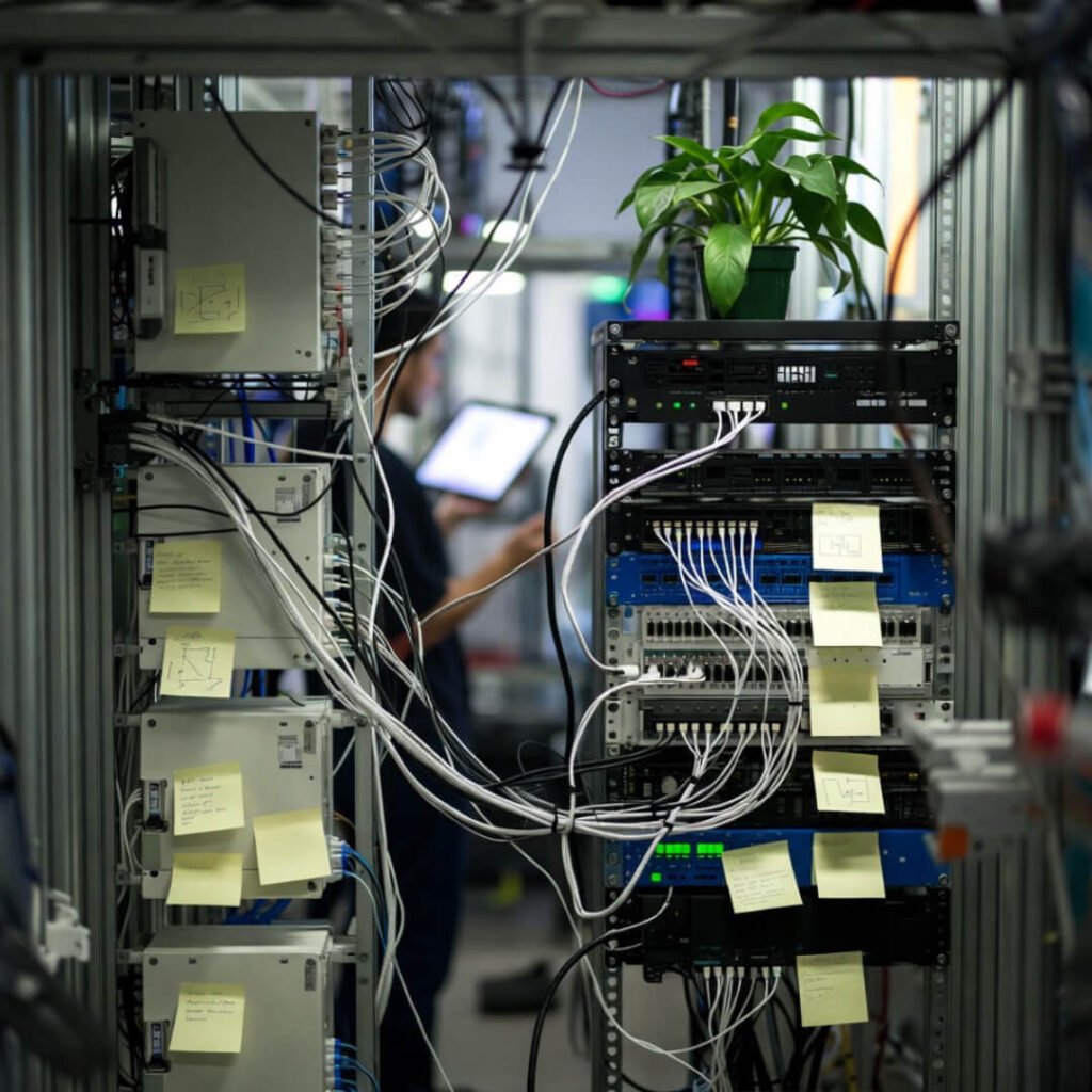 Gritty factory edge computing setup with houseplant irony.