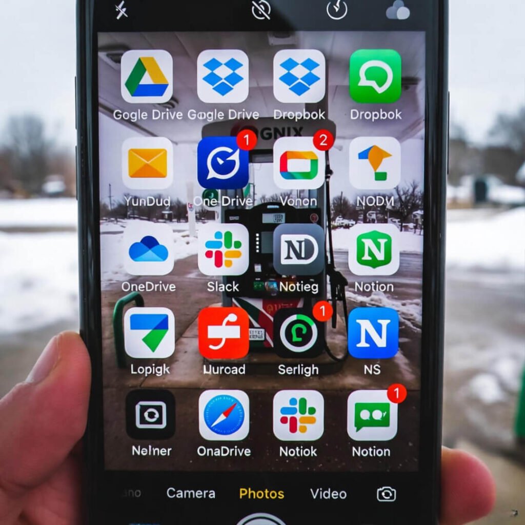 Phone home screen full of cloud apps at snowy gas station.