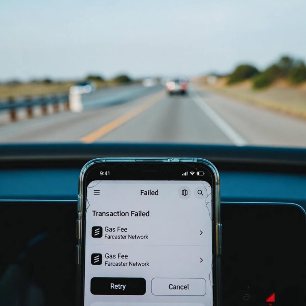 Cracked phone showing failed Farcaster transaction on highway.