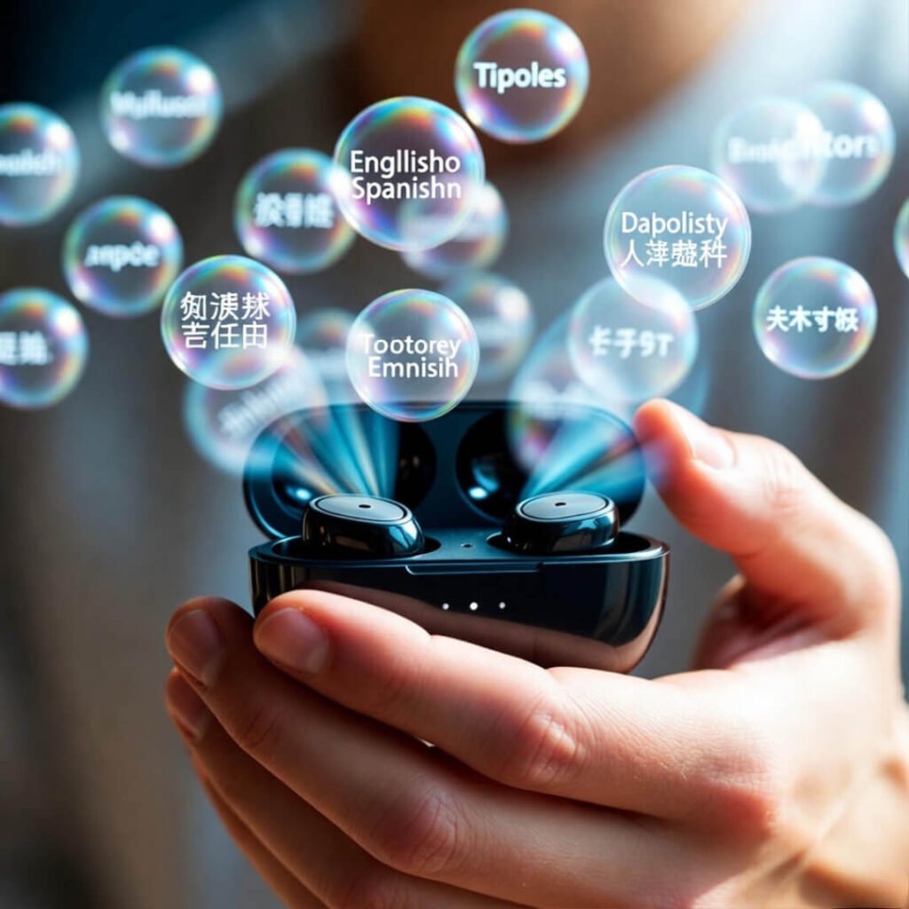 Hand inserting AI earbuds with translation holograms.