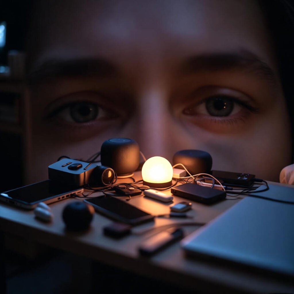 Sleepy eyes viewing glowing smart hub at night.